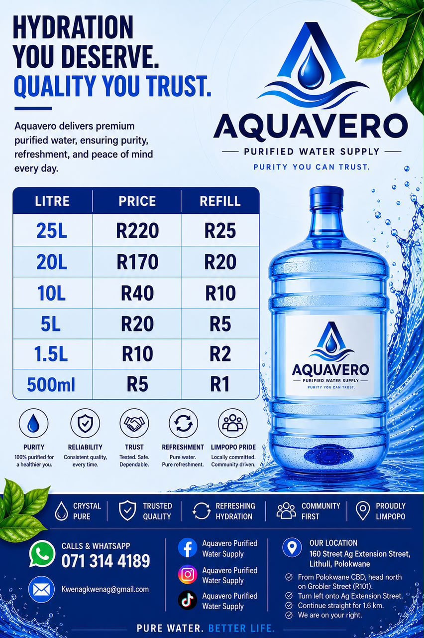 Aquavero official pricing poster — purified water sizes and prices